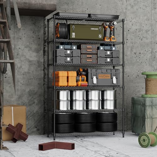 Image of M MZG 6 Tiers Storage Shelves Load 2100LBS, Metal Shelving Wire Metal Shelving Unit Shelves for Storage Adjustable Garage Shelving for Pantry Kitchen Garage Black 17.7 inch D x 47.3 inch W x 82.4 inch H