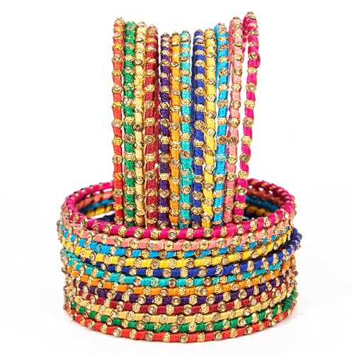 Image of Swara Creations Metal bangles /kada Set wrapped in Silk Thread & golden dots for Women & Girls (24 Pcs)