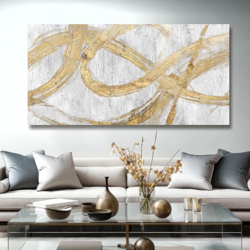 Image of VAYIMDH Decorative Wall Art Line Painting Prints on Canvas White Living Room Wall Decor 24 inchx 48 inch Abstract Artwork Gold Picture Wall Decor for Bedroom