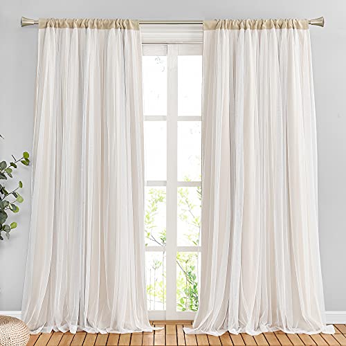 PONY DANCE Curtains 84 inches Length - White Sheer Blackout Curtains Elegant Window Covering Rod Pocket for Living Room/Sliding Glass Door, W 52 x L 84, Beige, 2 Panels