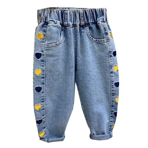 Jeans for Toddler Kids Straight Leg Embroidered Denim Pants Elastic Waist Trousers Cute Trendy Streetwear with Pockets