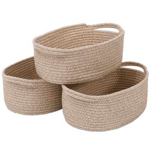 Image of JMvicyroam Small Woven Basket, Empty Gift Basket, Oatmeal /3 Pack | Small Gift Basket, Cotton Rope, 12 x 8 x 14 in, Handles, Includes Ribbon and Bag, Birthday Gift Basket