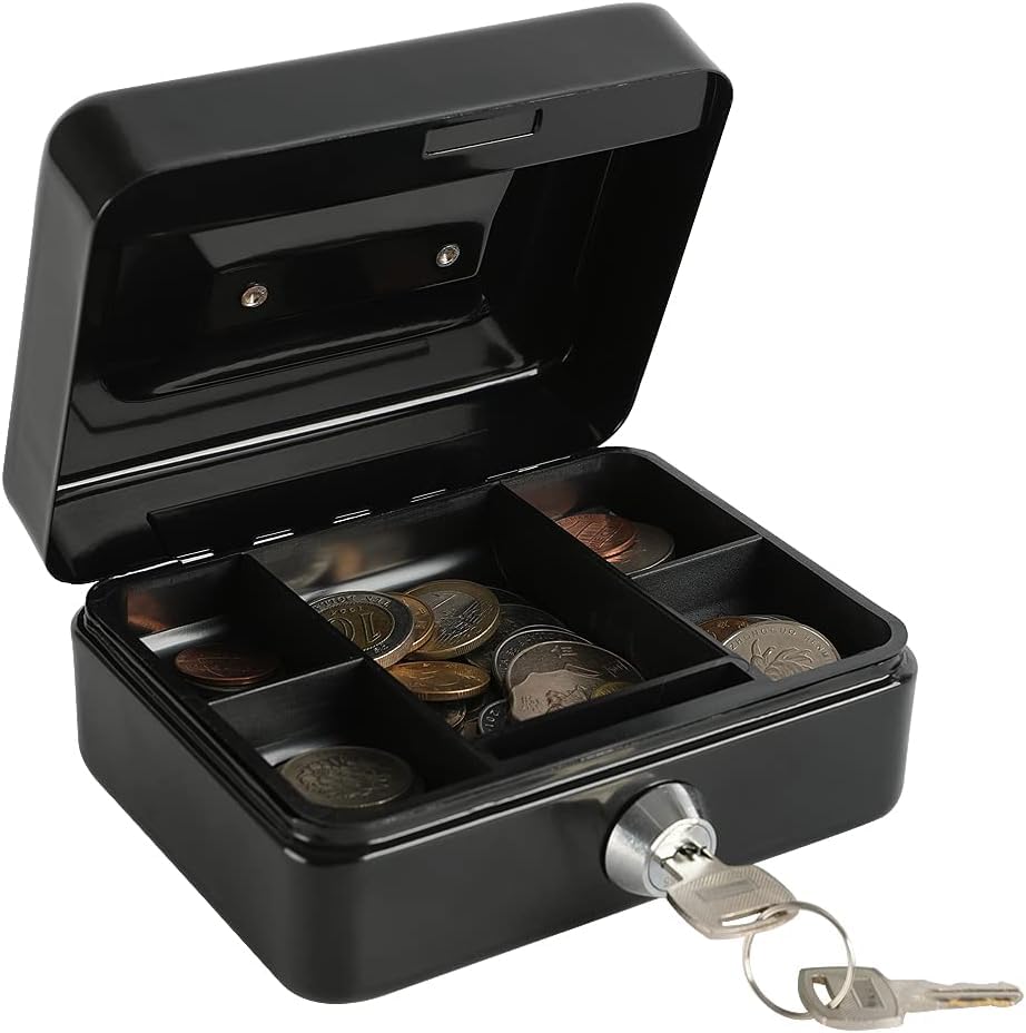Image of Wosta Cash Money Safe Box - Compact Solid Steel Lockable Security Storage Chest for Loose Money, Coins, Change & Valuables with 2 Keys (Medium)5.9 inch x 3.1 inch x 4.7 inch Black