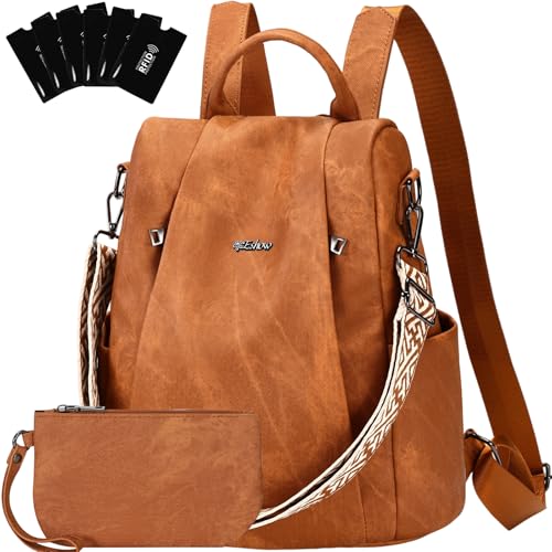 Eshow Rucksack Damen Klein, Anti-Diebstahl Elegant Cityrucksack, Wasserdichter Tagesrucksack Veganes Leder, Rucksacktasche mit Clutchbag RFID Blocker Modern für Pendeln Schule Arbeit Reise Braun