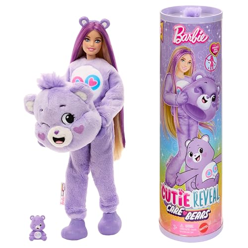 Barbie-Puppe mit Accessoires, Glücksbärchis-Reihe, Modepuppe mit plüschigem Teile-gern-Bärchi-Kostüm und 10 Überraschungen, einschließlich Farbwechsel und Mini-Bärchi, JCN94