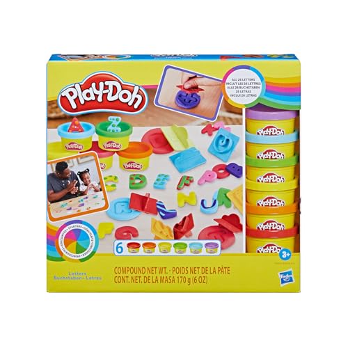 Play-Doh Massinha de Modelar Infantil, Kit Inicial de Letras, conjunto com 26 carimbos e 6 potes de massinha colorida, para crianças a partir de 3 anos