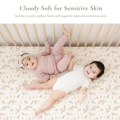 Image of Konssy Muslin Crib Sheets for Girl Boy, 2 PCS Soft and Breathable Cotton Baby Sheets for Standard Crib Mattress, 52 inchx 28 inch (Floral, Pink)