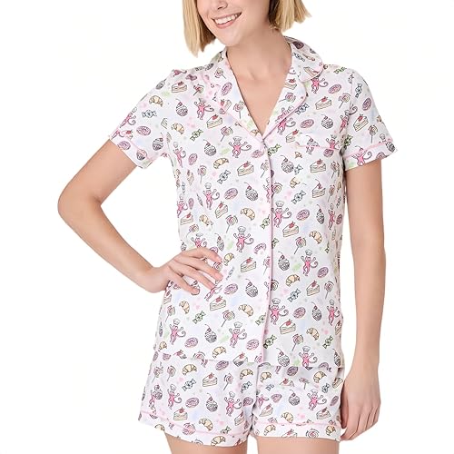 Image of Womens Pajamas Set Shorts Button Down 2 Piece Monkey Bunny Y2k Roller Dupes Rabbit Preppy Lounge Pjs Comfy Sleep Wear