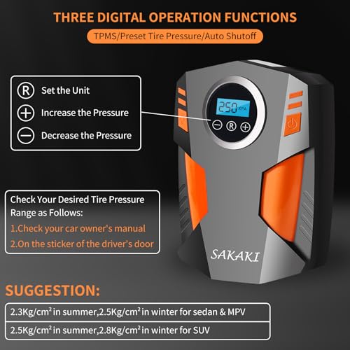 Image of Air Compressor Tire Inflator Portable 12V DC Digital Electric Car Air Pump 150 PSI, Preset Tire Pressure Auto Shutoff for Sedan SUV Tyres, Bicycles, Other Inflatables Orange