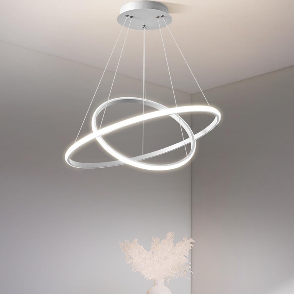 Lampada a Sospensione a LED, 2 Anelli Sospesi Lampadario Cerchi dal Design Moderno, per Soggiorno Sala da Cucina Stanza degli Ospiti (Bianco)