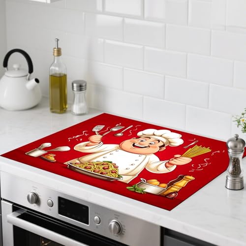 Image of Nuxovilar Stove Top Cover for Electric Stove 20.4 x 28.3 Inch, Gourmet Chef with Red Background Glass Stoves Covers for Gas Stoves Top Cooktop Protector Heat Resistant Range Ceramic