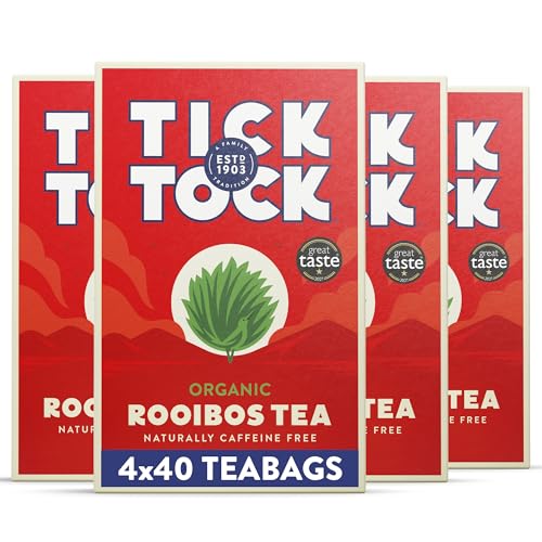 Image of Tick Tock Organic Rooibos Tea Bags, Caffeine-Free, Pack of 4 x 40 (160 Teabags), Biodegradable, Redbush Tea Bags