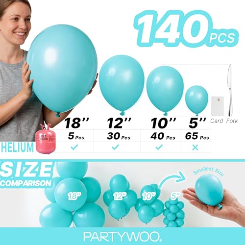 Image of PartyWoo Teal Balloons 140pcs Different Sizes Pack of 18 12 10 5 Inch Turquoise Dark Teal Balloon Arch Kit for Baby Shower Gender Reveal Graduation Mermaid Birthday Pool Party Decorations Blue-Y69