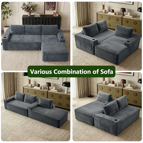Image of 104.3 inch Modular Sectional Sofa,Modern Corduroy Cloud Couch with Cup Holder & Side Pockets,Boneless Couch Upholstered 4-Seater L-Shaped Sofa for Living Room,No Assembly (Dark Grey, Right-Facing Chaise)