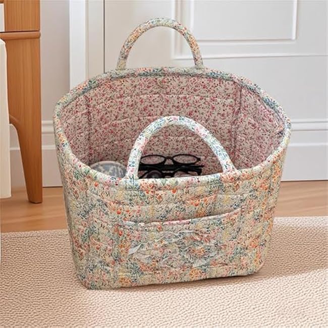 Boho Fabric Storage Basket Quilted Floral Print Baskets Organizer Bin with Handles for Home, Picnic, Shopping (Blue, L)