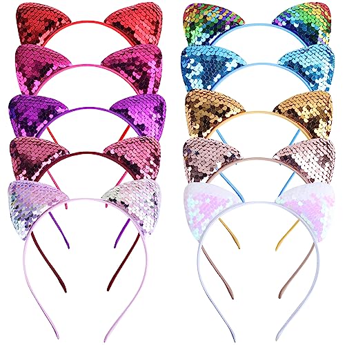 EUDUQ Katzenohren Haarreif Set,10 Stück Glitzer Katze Haar Hoops Metall katzenohren Stirnband Pailletten Cat Ears Stirnbänder Mädchen Haarschmuck Für Geburtstagsparty Cosplay