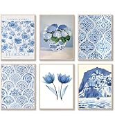 6 Pcs Coastal Granddaughter Wall Art Navy Blue Flower Market Watercolor Paintings Prints Posters ...