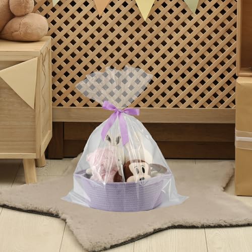 Image of Baby Gifts Basket Empty with Gifts Bag and Ribbon12 inchx8 inchx5 inch Cute Gifts Basket to Fill Easter Basket Birthday Basket Small Woven Cotton Rope Basket Baby Toy Baske(purple, regular)