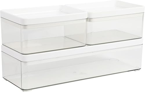 Martha Stewart Grady - Cajas de almacenamiento apilables de plástico transparente con tapas de plástico blanco, juego de 3