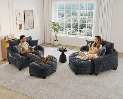 Image of Oversized Chair and A Half, Chenille Tufting Accent Cozy Reading Sofa Chair with Storage Ottoman, Upholstered Loveseat Chaise Lounge Sofa with Adjustable Back for Living Room, Office, Sunroom, Black