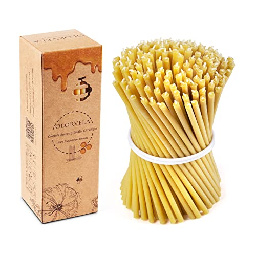 Olorvela Beeswax Candles Bulk Candle Sticks - Church Candles, Thin Beeswax Candles Tall Birthday Candles, 100Pcs 6.3" Hanukkah Menorah Shabbat Prayer Candles (Gold) #TOP5