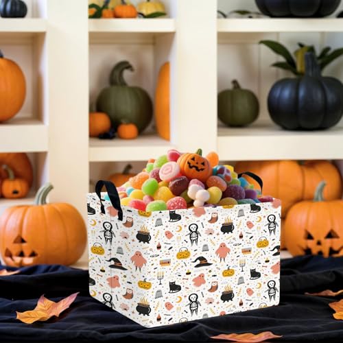 Image of Large Halloween Basket Gift Cute Pumpkin Ghost Parties Decor Kid Trick or Treat Basket for Boys and Girls Rectangular Storage Bin Box (Cartoon Skeleton)