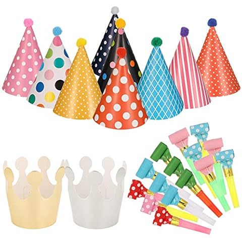 Opopark 11pcs Birthday Party Cone Hats with Pom Poms (9 Hats and 2 Crowns), 15 Pcs Party Blowouts, Mini Paper Party Hat and Blowouts Set for Boys Gilrs Childrens Party Decoration Cover