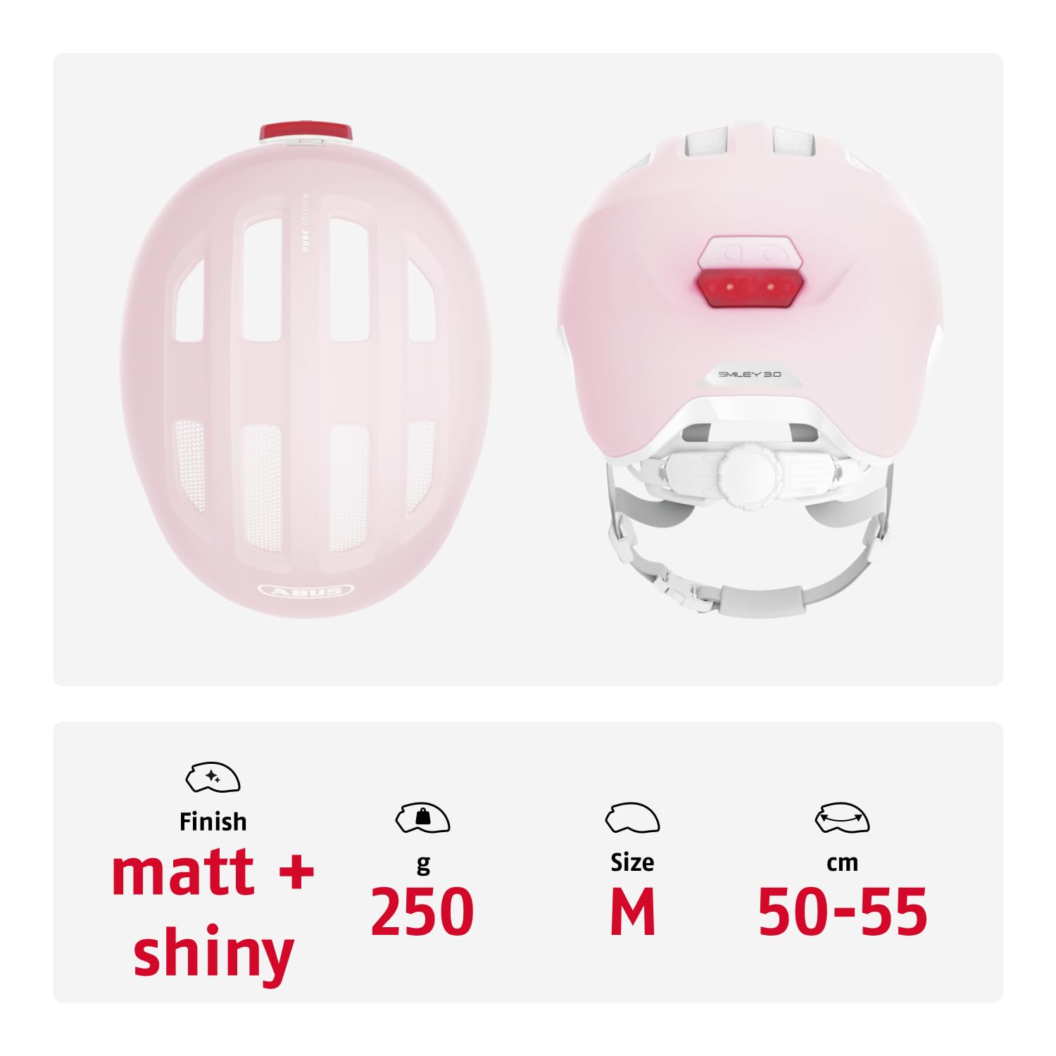 ABUS Smiley 3.0 Ace LED Children's Helmet - Bike Helmet with Light - Deep fit & Space for a Pigtail - for Girls and Boys