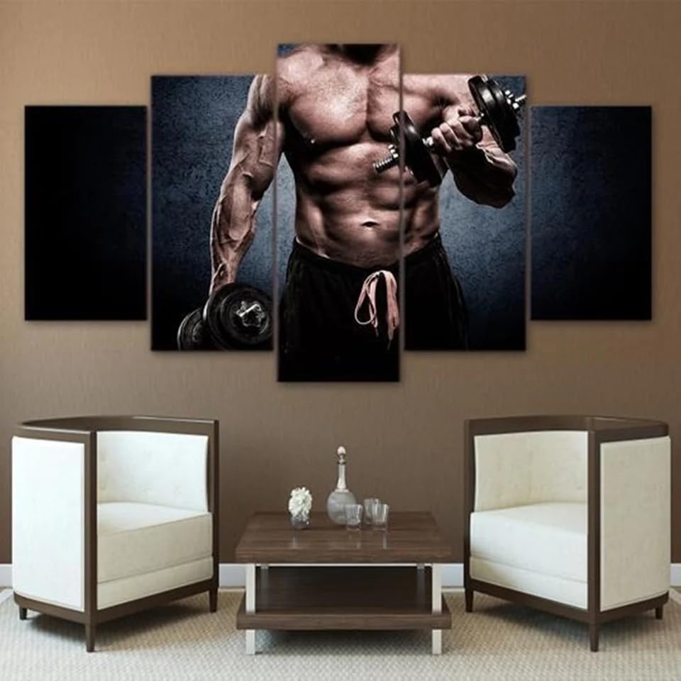 Tableau de decoration murale de sport en 5 parties pour salle de musculation avec cadre