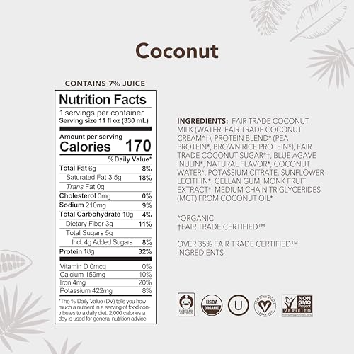 Image of ALOHA Organic Plant-Based Protein Drink - Variety Pack | 18g Protein, 5g Sugar, 3g Fiber | Made with Creamy Coconut Milk, Fair Trade Certified, No Stevia | Vegan, Non-GMO, Gluten-Free, 11 fl oz (12 Pack)