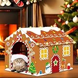 Christmas Cardboard Cat House with LED Light Scratching Pad Gingerbread Cat Playhouse Xmas Kitten Den 15.7"x 13.4"x12.6" Scratcher Box Scratching Board Bed Cave Playhouse for Indoor Cats