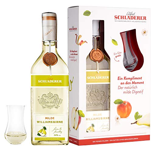 Schladerer Milde Williams-Birne, mild und fruchtig dank sonnengereifter Birnen - Set mit graviertem Schladerer Glas gratis Obstbrände (1 x 700 ml)