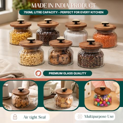 Image of Bubble Glass Jar with Wooden Lid | 980ml | 5x5x5.5 inches | Airtight Stackable Kitchen Storage Container for Grains, Pulses, Cookies, Dry Fruits, Coffee & Snacks