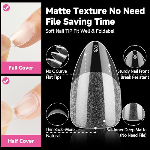 Image of UNA GELLA Short Almond Nail Tips, 312pcs X-Soft Gel Nail Tips Almond Shape