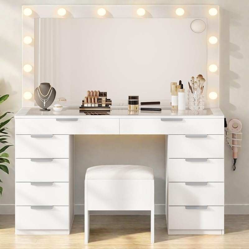 YITAHOME Makeup Vanity Set with Glass Tabletop, 10 Storage Drawers