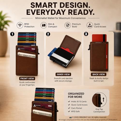 Image of Mini2buy Engraved Your Name Large Pocket Pop-Up Leather Wallet for Men & Women | RFID Blocking | Slim Magnetic Bifold Wallet with Quick Access Button - Holds 14 Cards & Cash (Brown-Wallet)