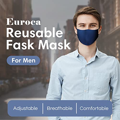 Euroca - Cloth Face Mask, Soft Cotton Face Masks, Washable & Reusable Face Masks, Face Mask Set, Adjustable Face Mask With Filter Sheets (PM2.5), Black, Black & Navy, Set of 3, Men - Image 3