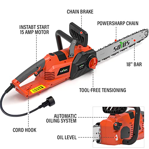 Soyus Electric Chainsaw, 18 Inch 15 Amp Corded Chainsaw Low Kickback Corded Electric Chainsaw 15M/S For Tree Wood Cutting, Tool-Less Chain Tension #TOP2