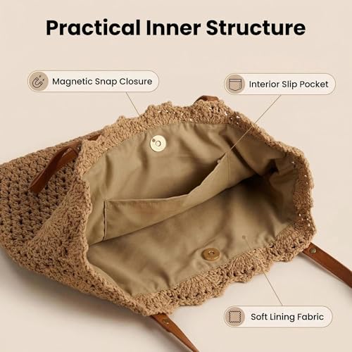 Image of Eiyye Crochet Tote Bag Handwoven Cotton Beach Shoulder Bag with Linen Lining Hobo Summer Vacation Purse for Women