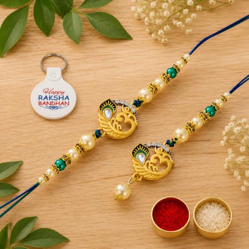 Image of Riddhika Ventures Elegant Traditional Gold Plated Bhaiya Bhabhi Rakhi Set with Roli Chawal and Greeting Card || Traditional Rakhi Set of 2 & Festive Gift