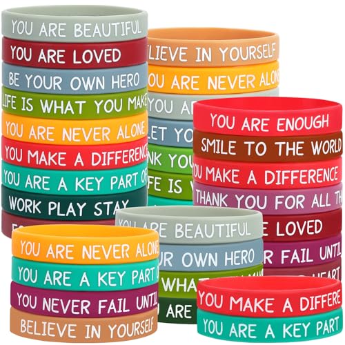 Image of JUNEBRUSHS 64pcs Motivational Silicone Bracelets Bulk Colored Inspirational Rubber Wristbands Unisex for Student Teacher Office Prizes Gifts Back to School Party Favor Supplies