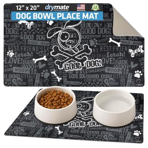 Drymate Dog Bowl Placemat, Pet Food Feeding Mat - Absorbent Fabric, Waterproof Backing, Slip-Resistant - Machine Washable/Durable (USA Made) (12” x 20”) (Good Dog Black)