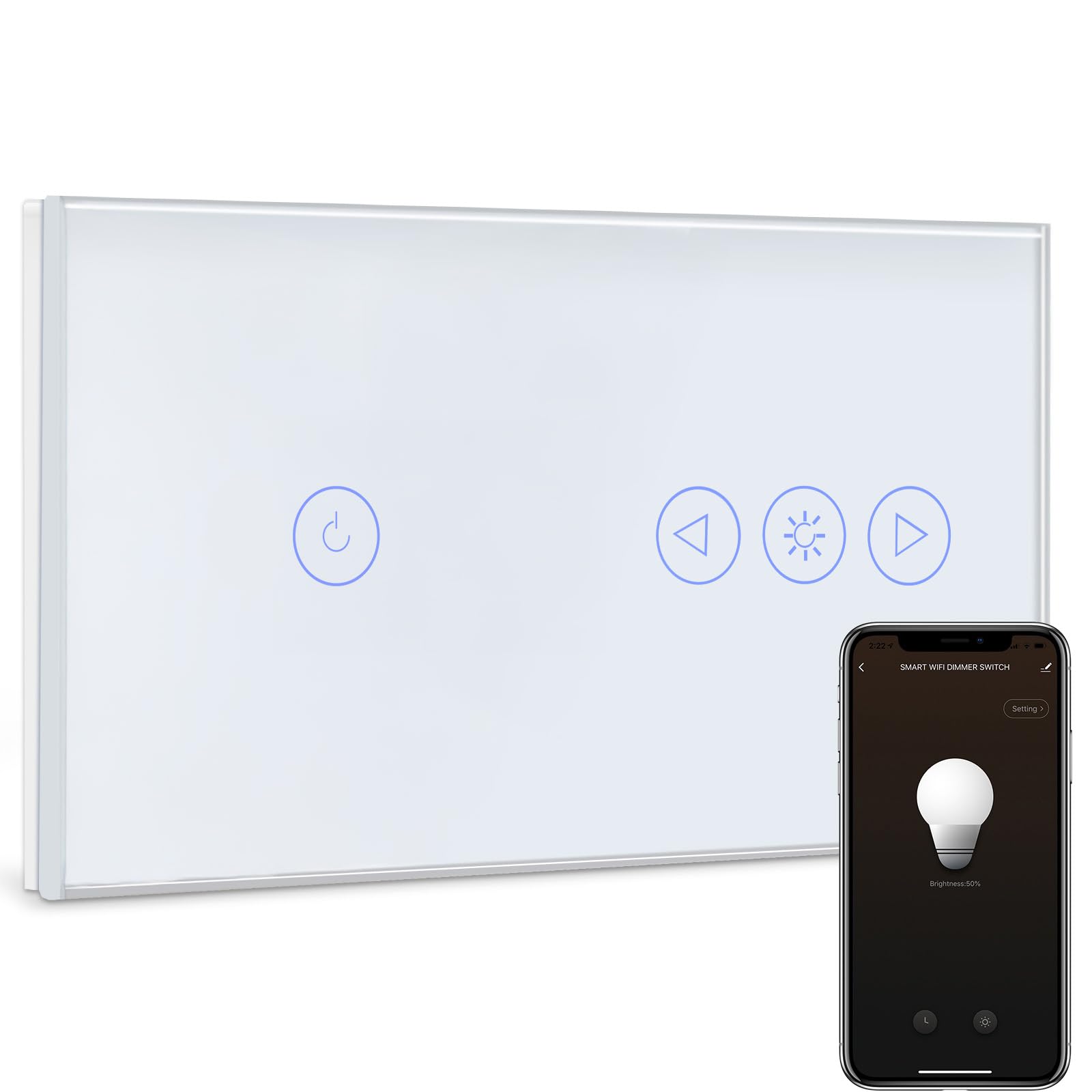 BSEED Interruttore WIFI Tattile e Interruttore Dimmer WIFI Alexa 1 Gang 1 Via Interruttore Smart Compatibile con Google Home, Interruttore a Parete Bianco(Richiesto la Linea Neutra)