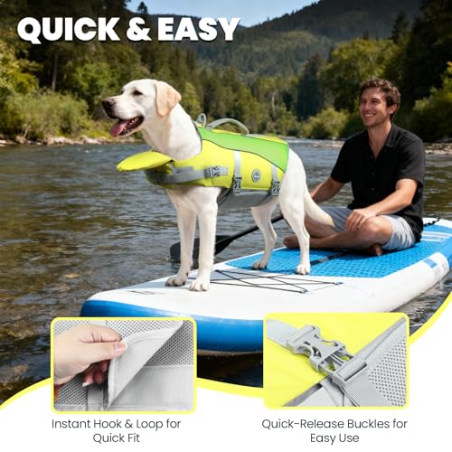 Image of VIVAGLORY Dog Life Vest Front Float Dog Swim Vest, XS, Yellow Grey | Life Jacket with Chin Float & Handle for Swimming & Boating, High Visibility Adjustable for Doggy Cat Puppy
