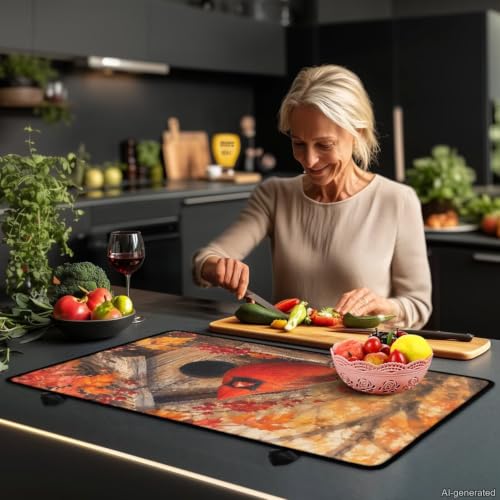 Image of Induction Stove Top Cover Protector Dustproof Flat Top Stove Cover Mat Universal Stove Top Cover for Electric Cooktop Fall Season Kitchen Decor, 29 x 21 Inch, Cardinal Leaf Berry Print