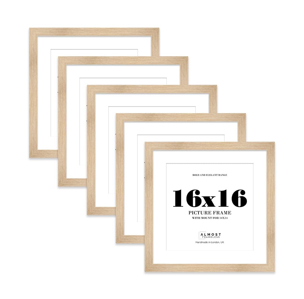 16x16" Oak Square Frame With Mount for 14x14" Pictures 28mm Edge Frame Display with Wall Hooks, 5 Pack