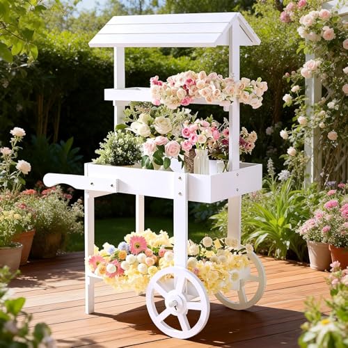 Sicrifety Flower Cart Display Stand with Wheels 3-Tier Wooden Candy Cart for Party White Dessert Cart with Canopy Roof for Weddings Bridal Shower Baby Shower Market & Event Decor