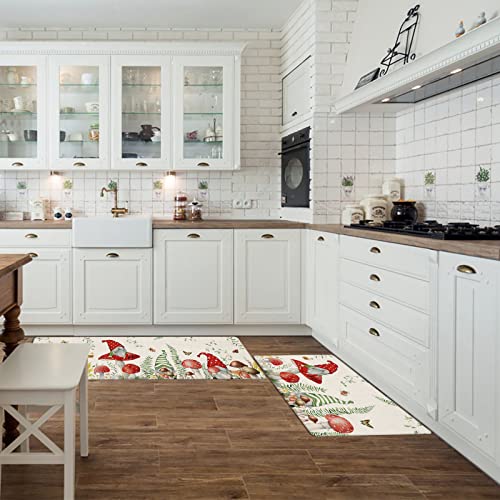 Possta Decor 2 Pieces Kitchen Rugs Set Spring Gnome Red Mushroom Vintage Linen,Water Absorbent Soft Doormat Area Runners Garden Vegetable,Non-Slip Bath Mat For Entryway Bathroom Laundry #TOP1
