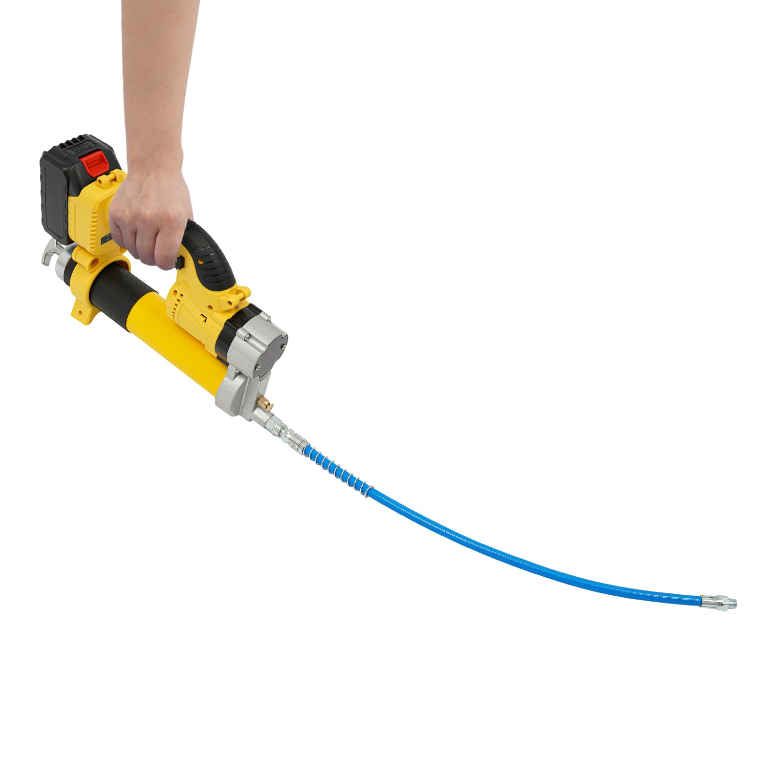 Elektryczna wyciskarka do smaru 21 V, bezszczotkowy silnik 300 W, 8500 psi, wydajność tłoczenia 177 ml/min, pojemnik na tłuszcz 400 cm³, w zestawie akumulatory 2 x 1500 mAh, ładowarka, elastyczny wąż