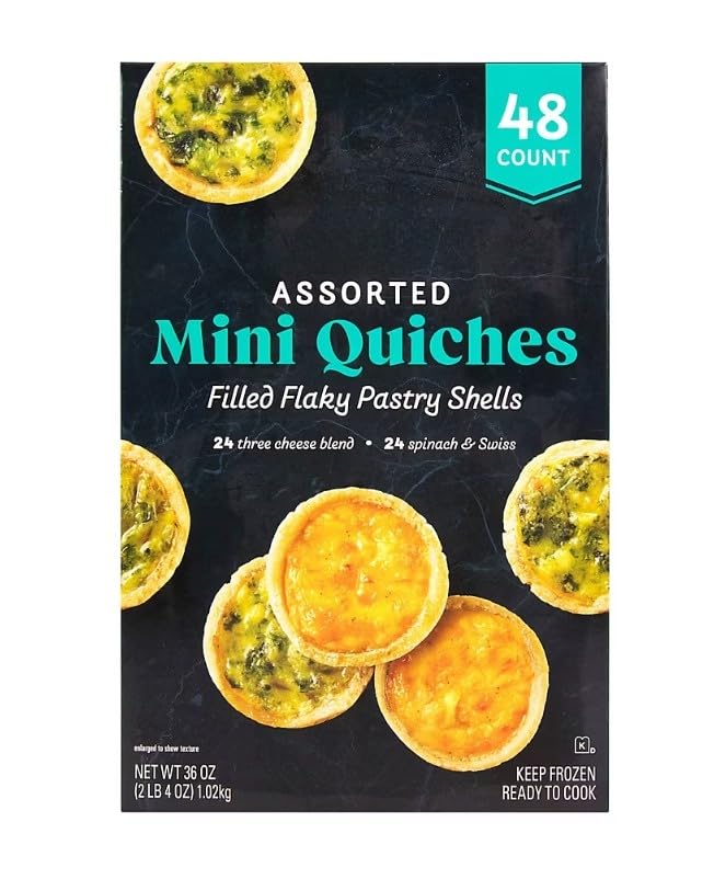 Assorted Mini Quiches , Indulge in the delectable flavors of Assorted Mini Quiches, featuring two mouthwatering varieties: Spinach & Swiss and Three Cheese. Each bite-sized quiche is a perfect blend of savory ingredients encased in a buttery, flaky pastry crust. offering a delightful harmony of flavors with every bite. 48 ct .. [ 36 oz , 2.25 lb ]